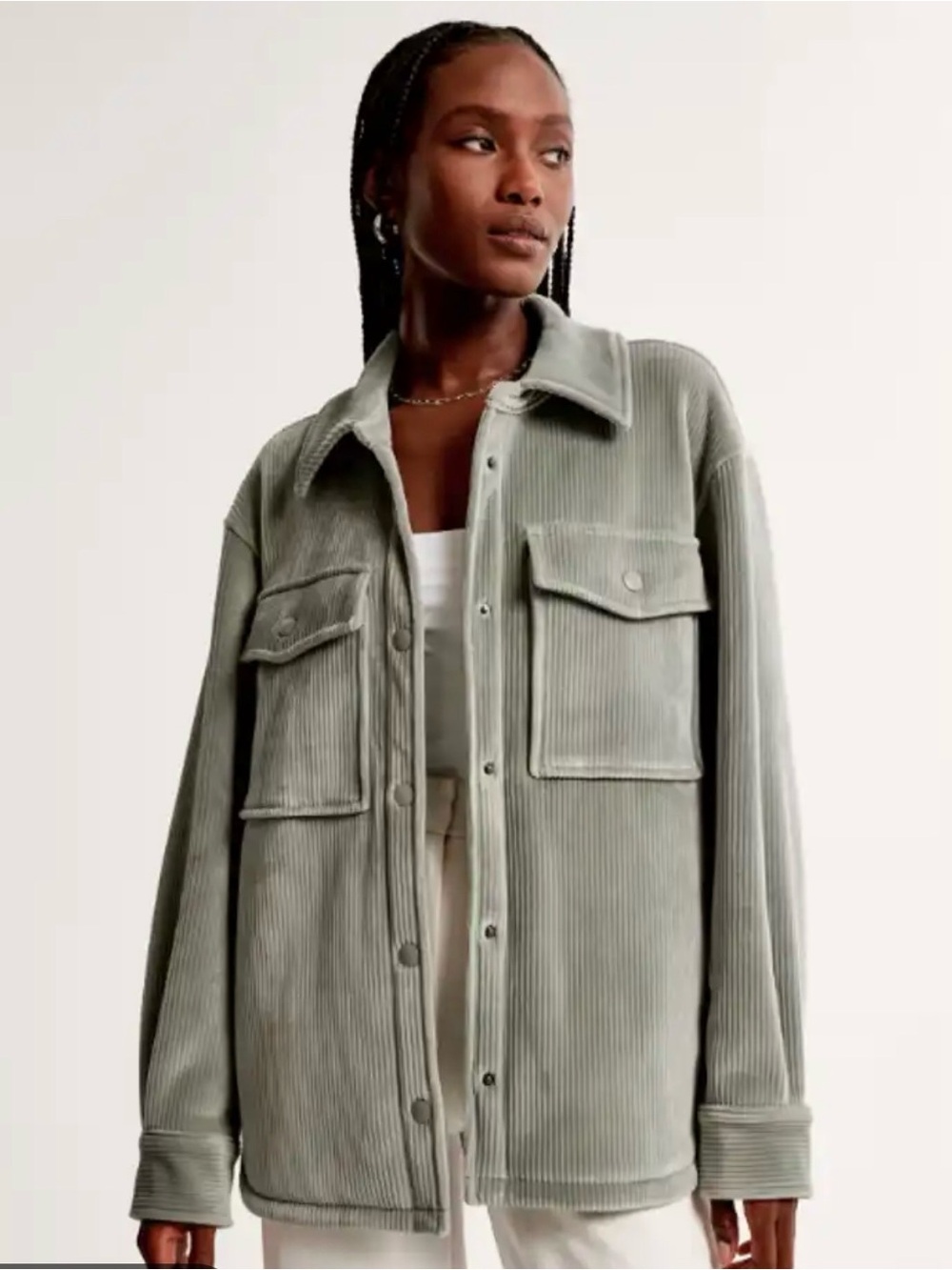Abercrombie & Fitch,medium,SHACKET in Sage Green,women,pockets,soft,heavy duty